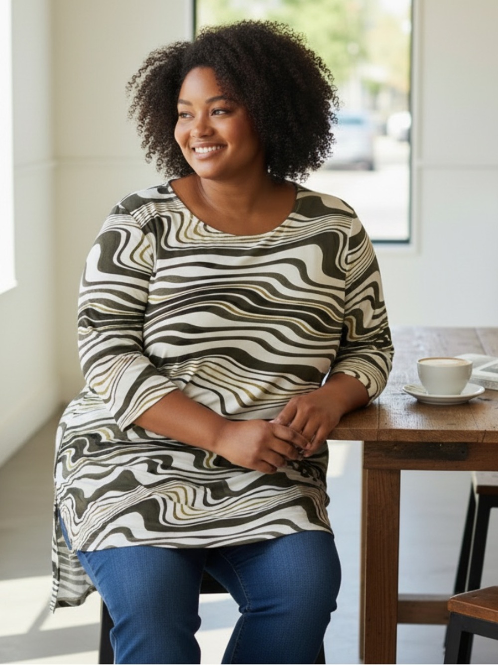 Wavy Print Tunic Top in Olive and Cream